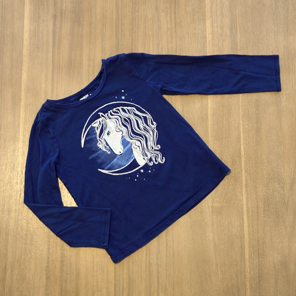 1/$5..Girls Oshkosh Navy Blue Horse / Unicorn Long Sleeve T-Shirt Fits 5T (6/6X)